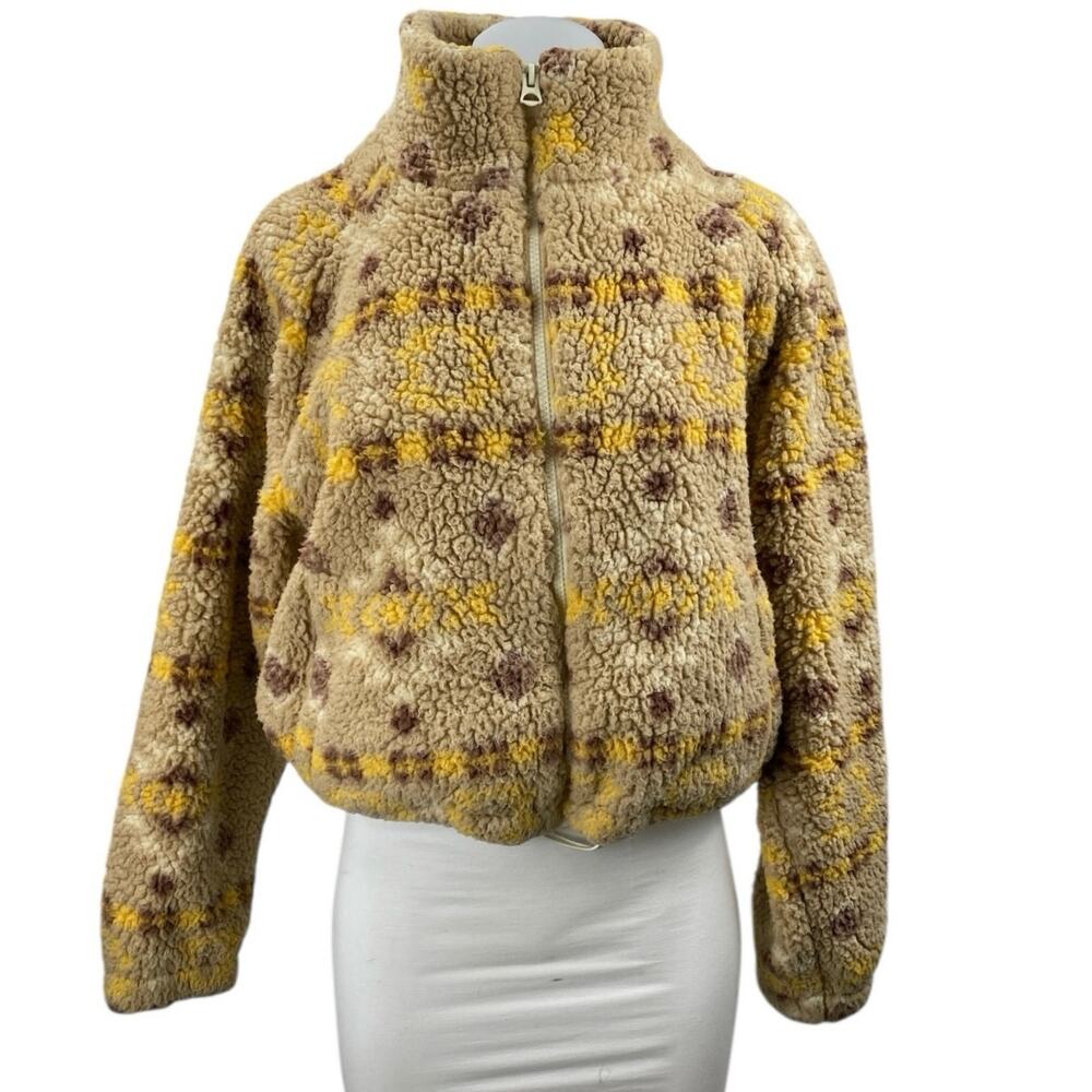Love Tree Women Beige Full Zip Long Sleeve Faux Sherpa Teddy Sweater Top Size M